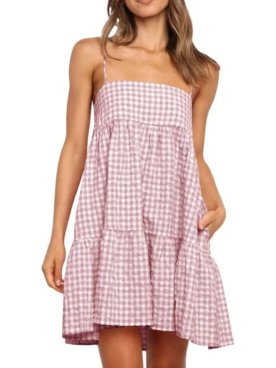 Dresses & Skirts - Women's Summer Plaid Mini Dress Spaghetti Strap Bean Red Sundress with Pockets